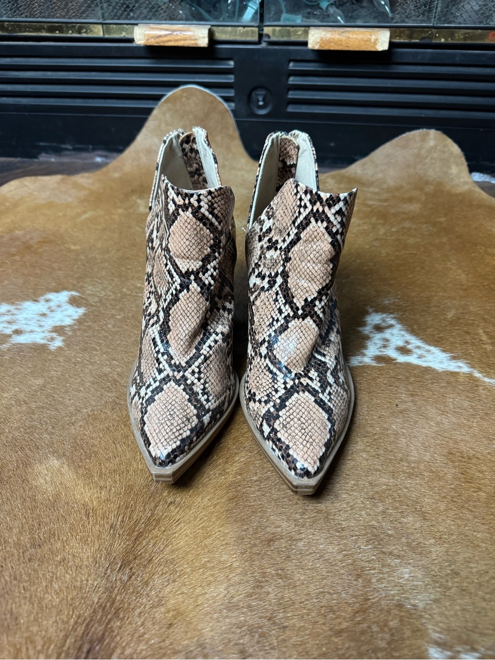 Steve Madden Tan and Black Snake-Print Pointed Toe Ankle Booties